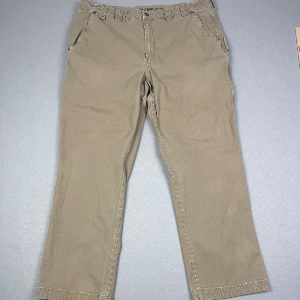 Duluth Trading Co Fire‎ Hose Flex Men 42x32 Khaki Tan Work Pants Cotton Spandex